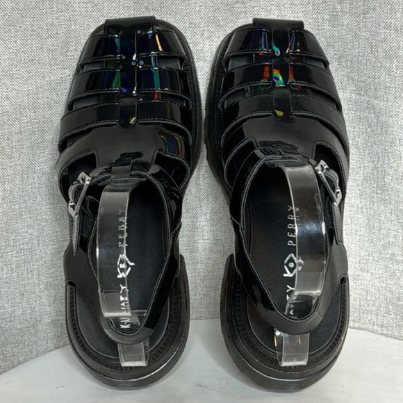 KATY PERRY THE GELI COMBAT BLACK HOLOGRAPHIC FISHERMAN PLATFORM SANDALS **NIB** - Picture 12 of 15